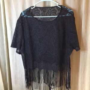 Sexy Sheer Black Lace Crop Top with Fringe